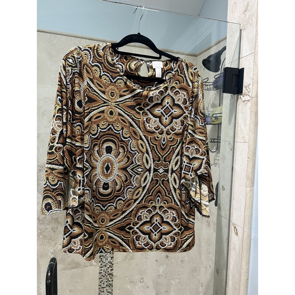 Chico's Blouse Womens 1 M Brown White Yellow Floral Kimono Short Sleeve